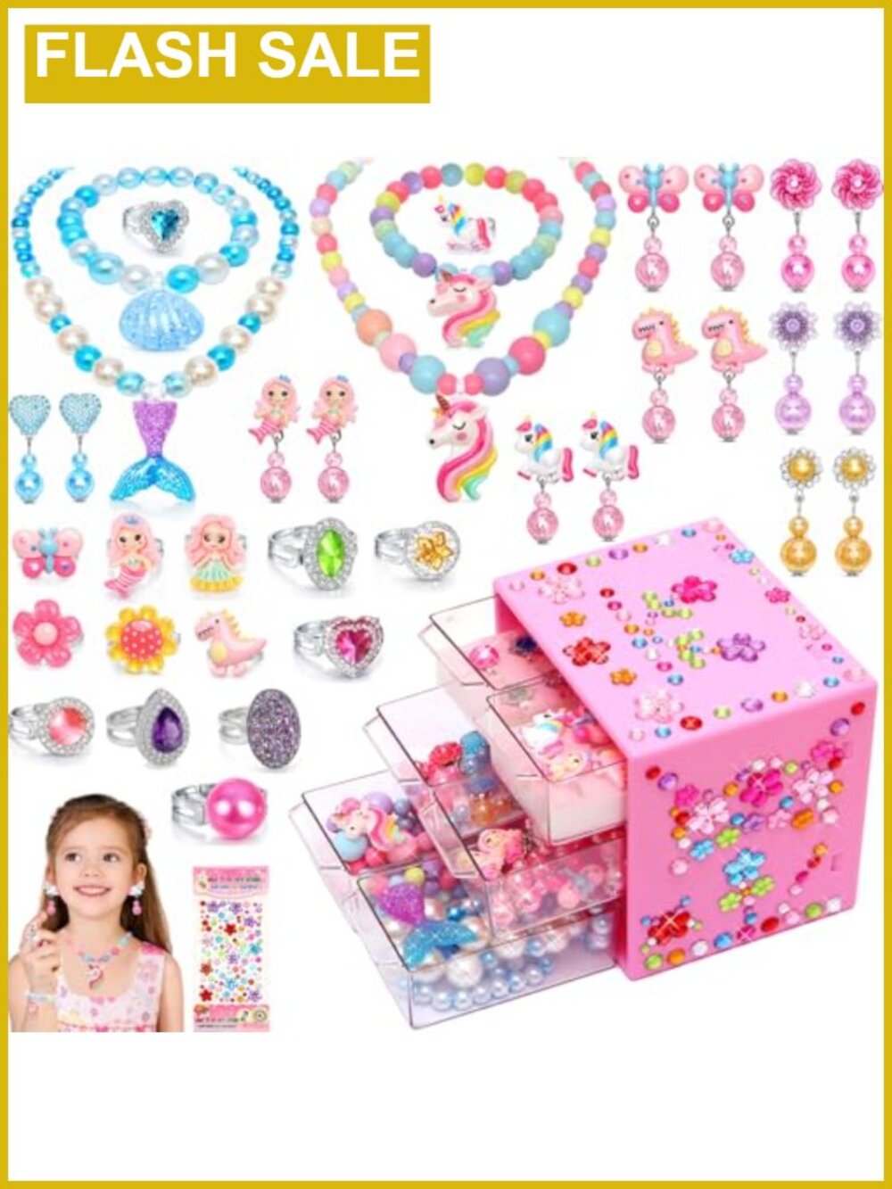 37 PCS Kids Jewelry Set Toddler Girls Pretend Play Dress Up Toy Rings Earrings
